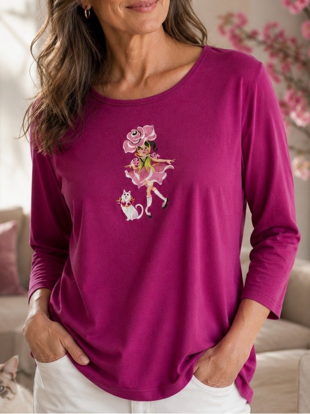 Vintage Bob Mackie Wearable Art Embroidered Shirt Medium Ballerina and Cat 90s